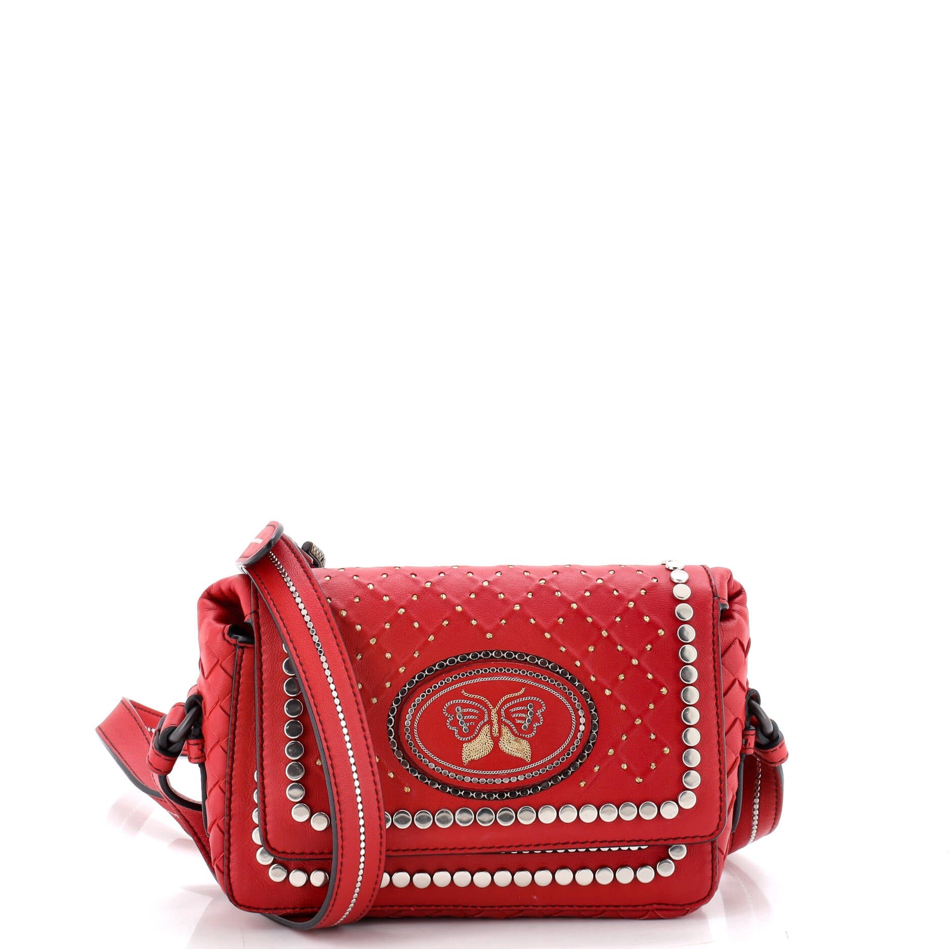 Flap Crossbody Bag Studded Leather with Intrecciato Detail Small