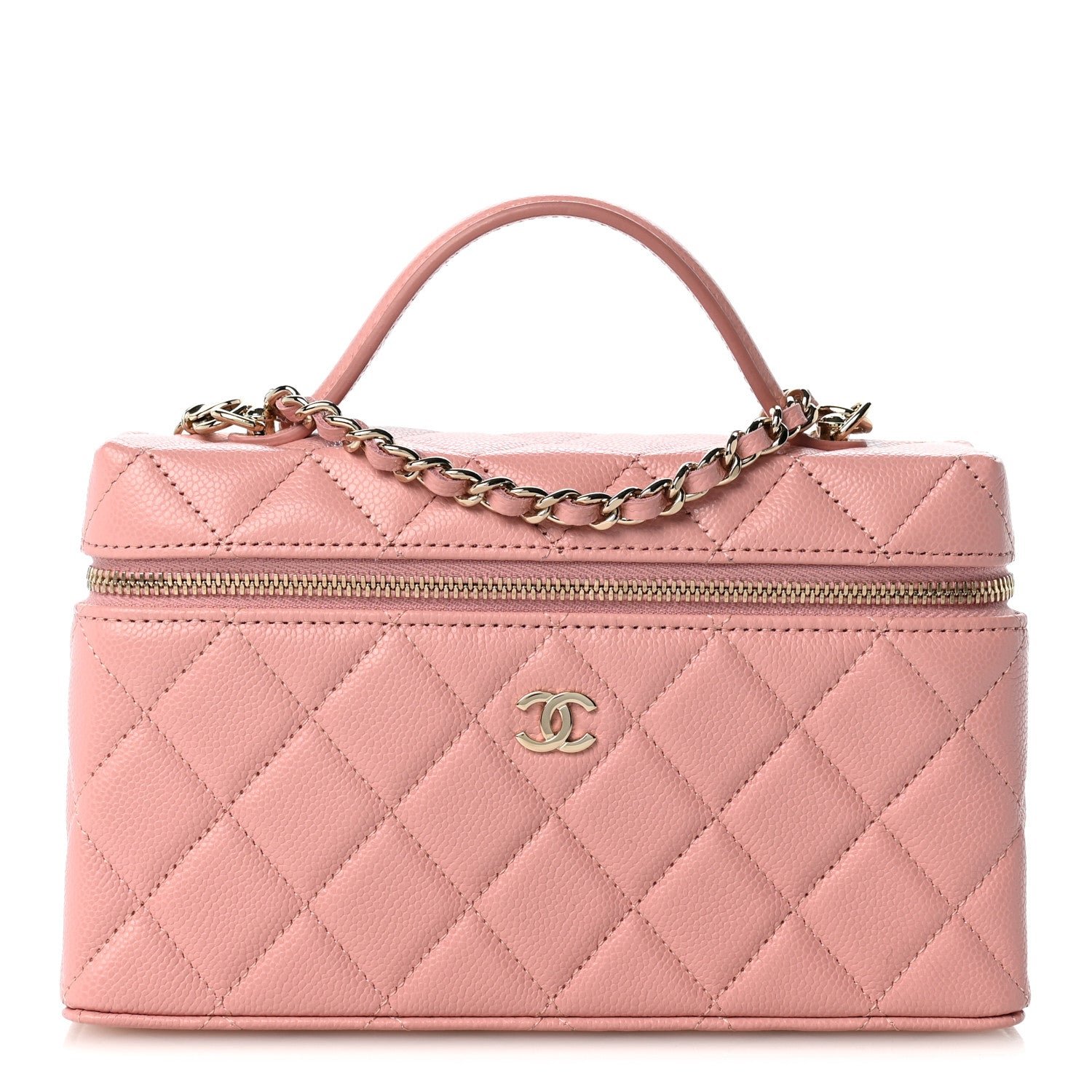 Chanel Caviar Quilted Top Handle Slim Vanity With Chain Light Pink