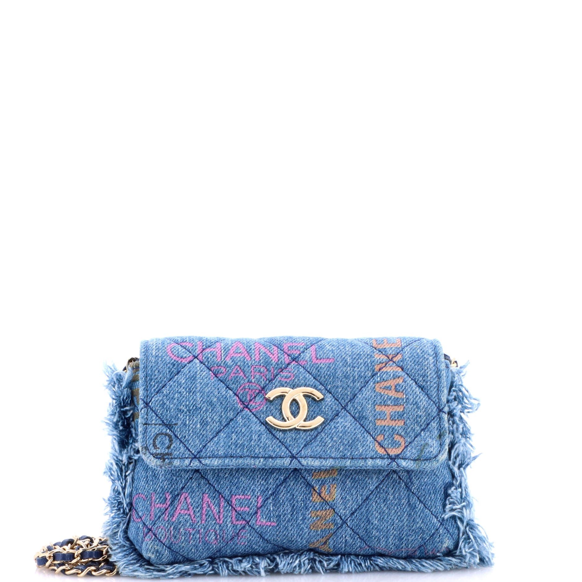 Denim Mood Flap Clutch with Chain Logo Printed Quilted Fringe Denim