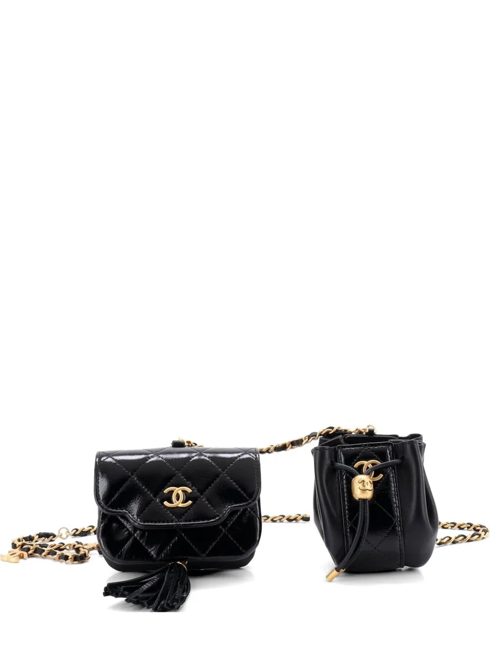 Double Pouch Chain Quilted Shiny Lambskin belt bag