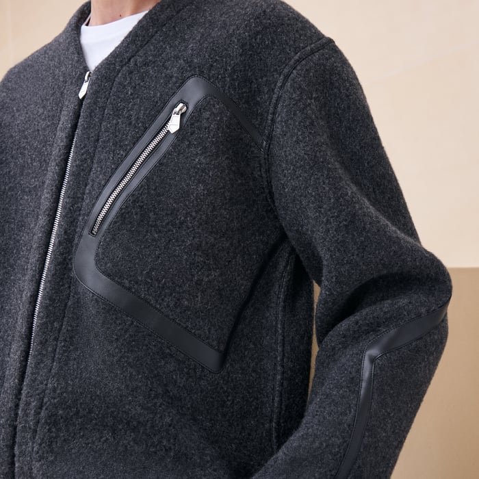 Gris Foncé Zipped Varsity Cardigan With Leather Detail