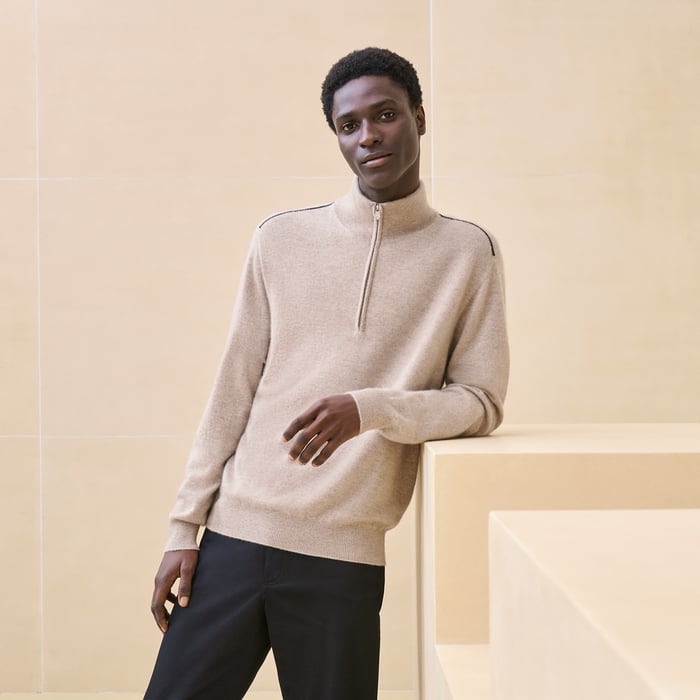 Cashmere "Detail cuir" full-zip sweater