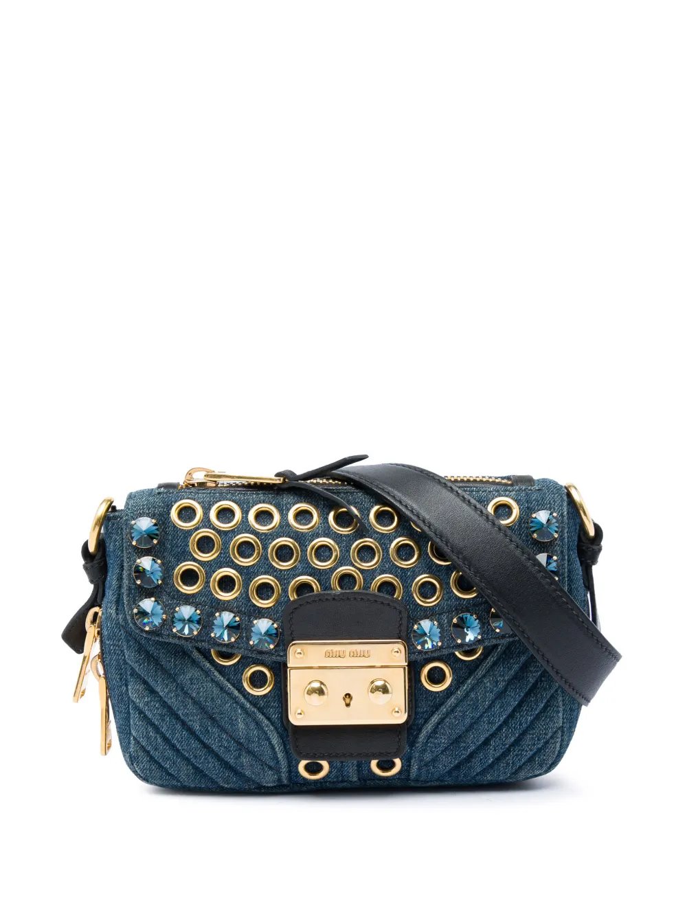 2010-2026 Denim Grommet and Crystal Embellished Biker crossbody bag