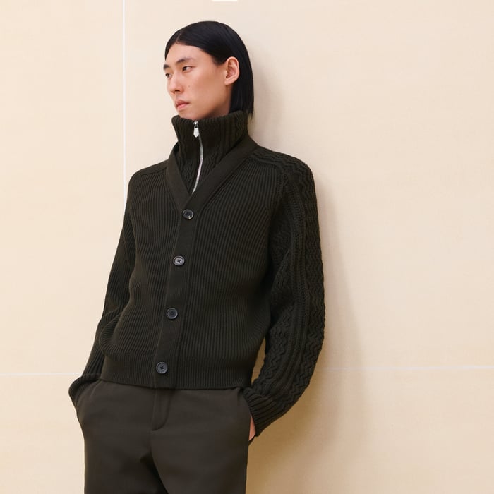 Kaki Cashmere "Fisherman Graphique" Zipped Jacket