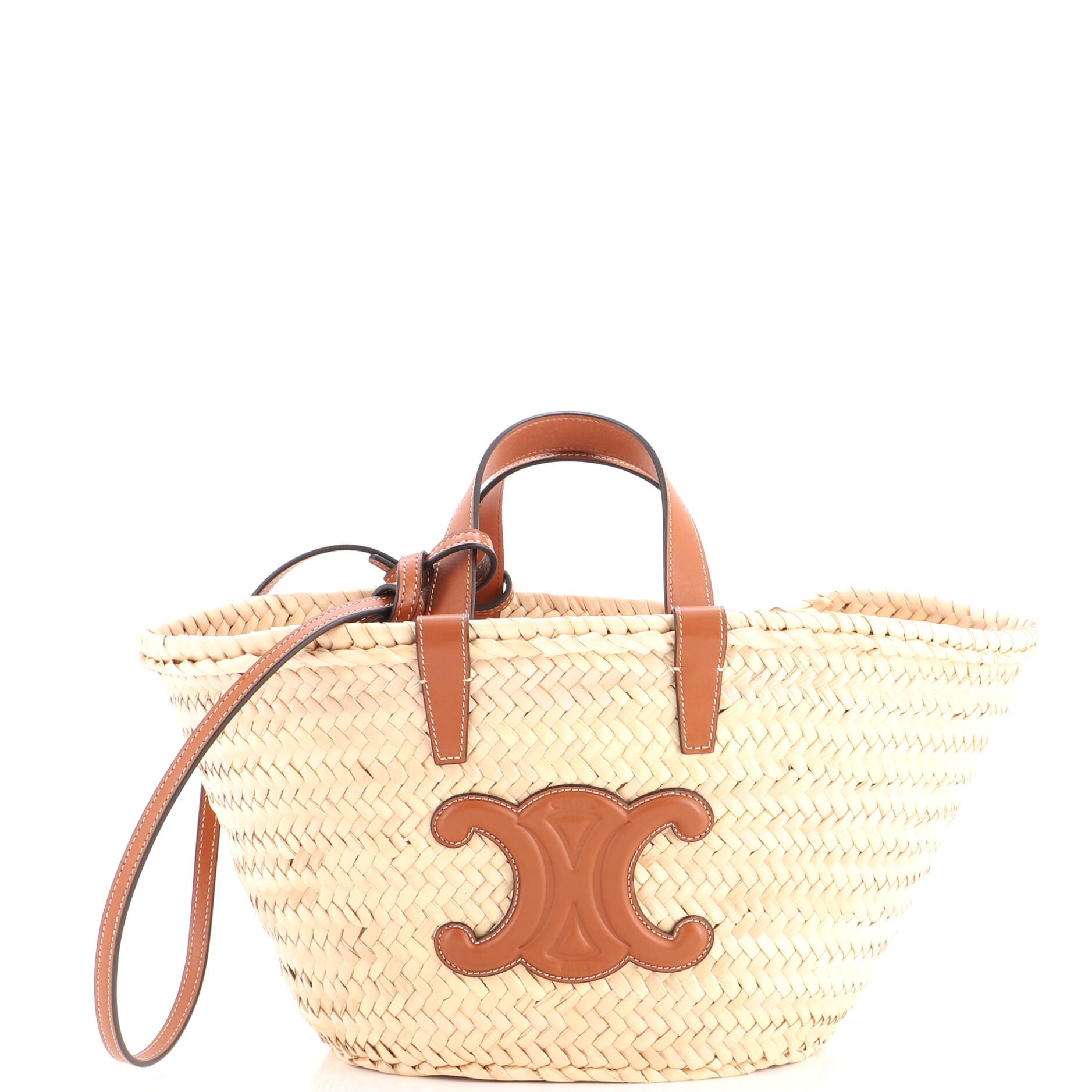 Triomphe Basket Shoulder Bag Raffia with Leather Teen