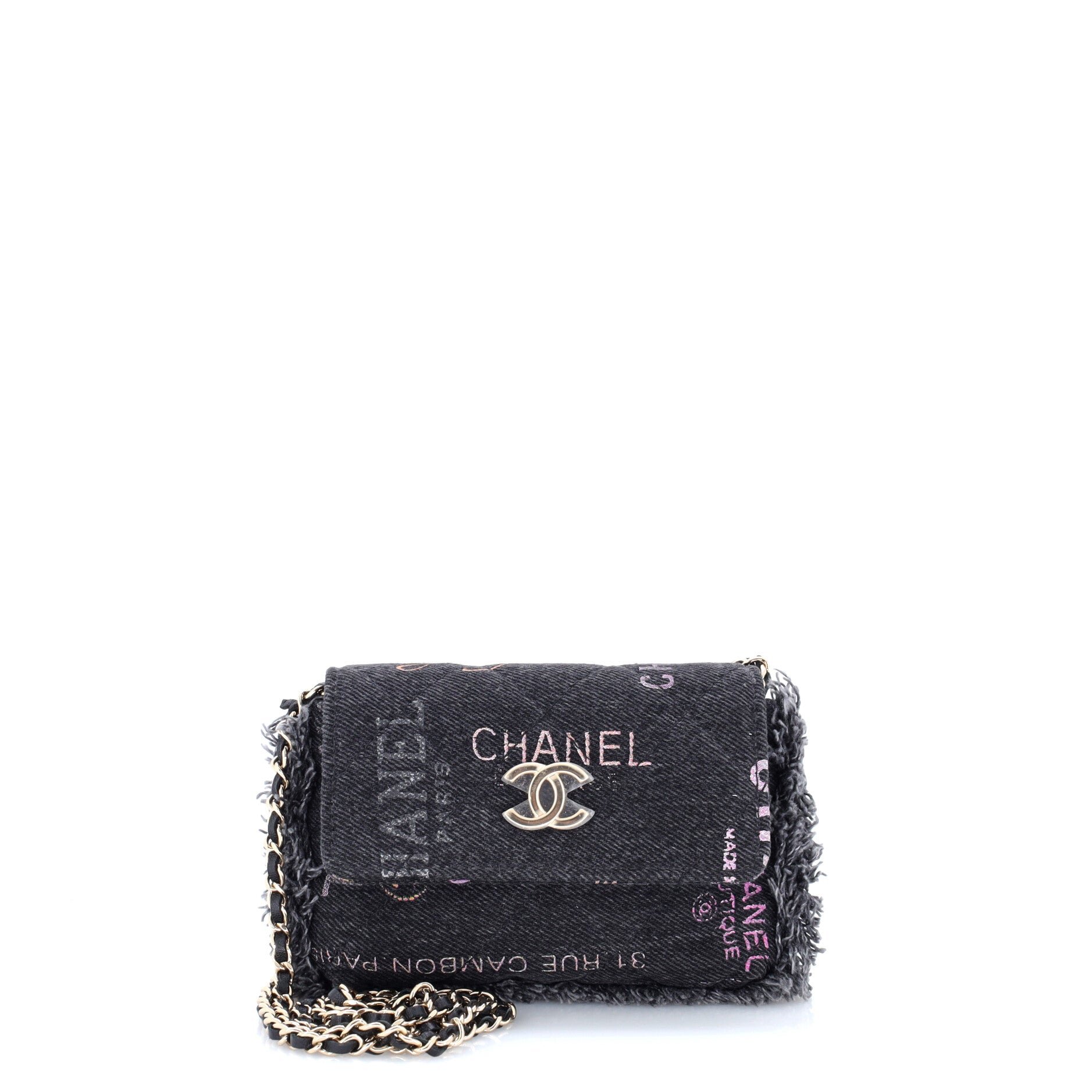Denim Mood Flap Clutch with Chain Logo Printed Quilted Fringe Denim