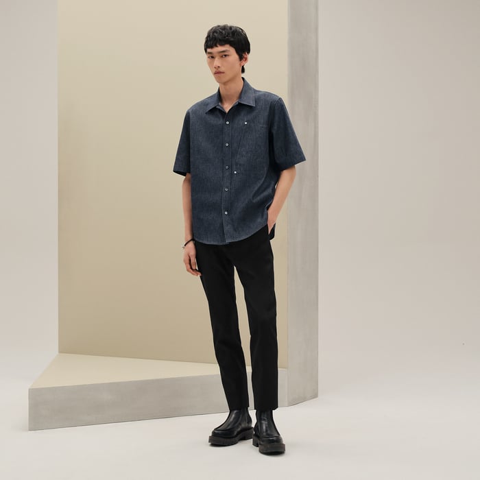 Indigo Short-sleeve Straight Cut Denim Shirt With Detail