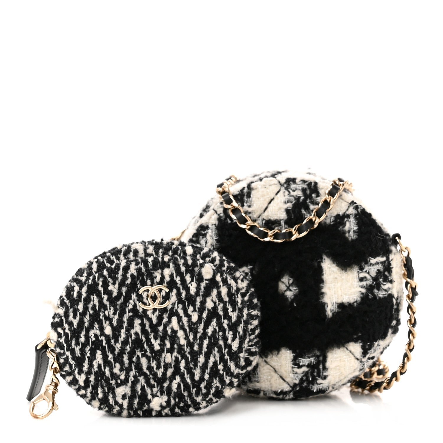 Chanel Tweed Shearling Round Clutch With Chain and Coin Purse Black and White
