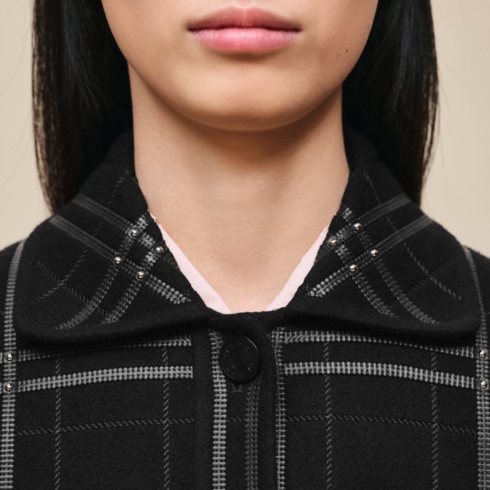 Noir Embroidered Short Vest With Leather Detail