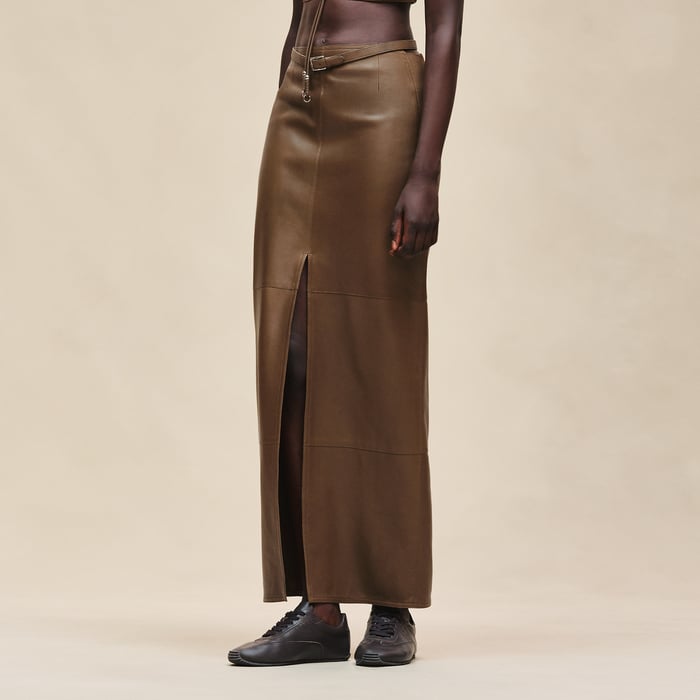 Marron Muschio Mixed Knit Long Skirt With Slit