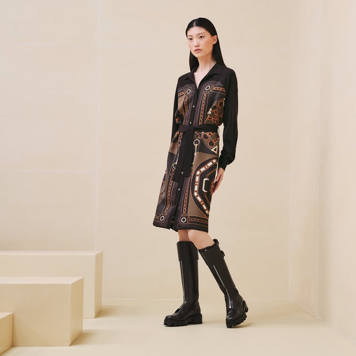 Marron Tarn "Effet Kaleidoscope" Shirt Knotted Waist Twillaine Dress