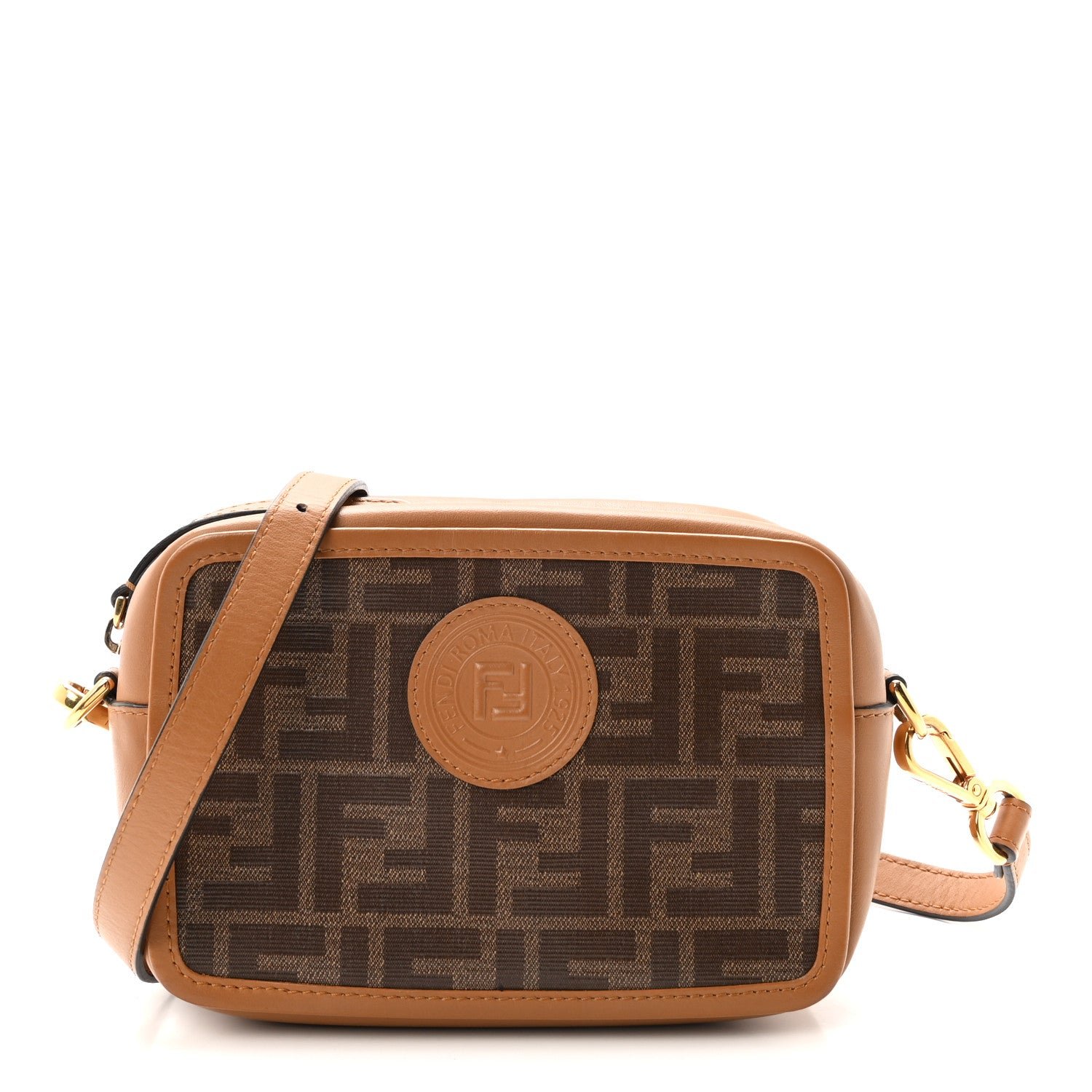 Fendi Glazed Fabric Vitello Century FF 1974 Stamp Patch Mini Camera Case Mogano Panna Caramello