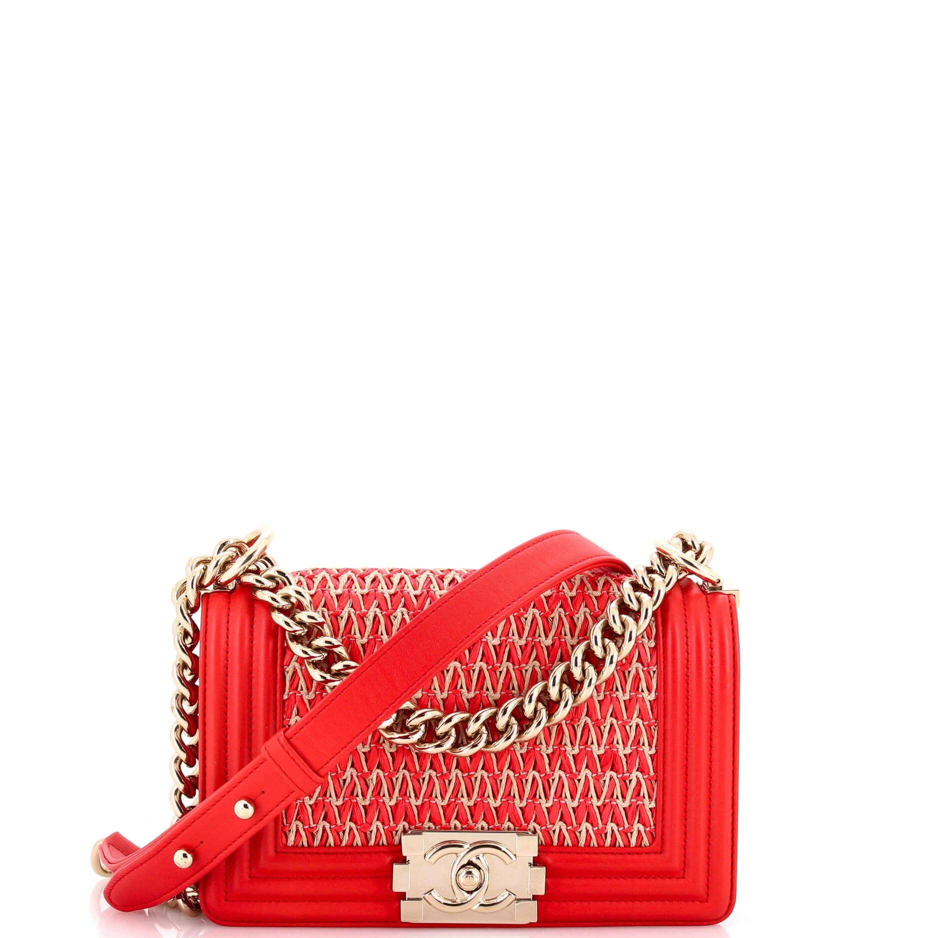 Chanel Boy Flap Bag Chevron Woven Raffia and Leather Small