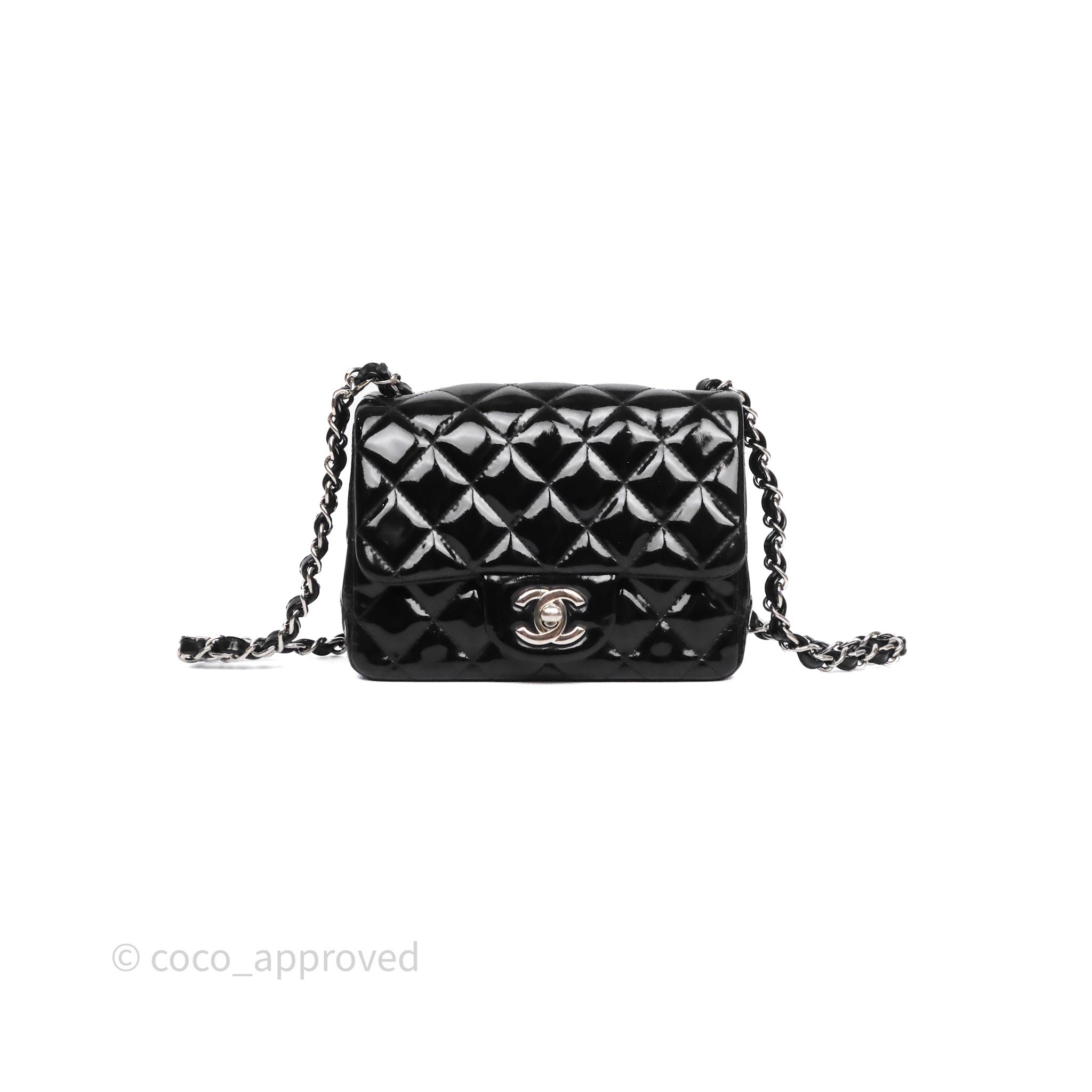 Chanel Mini Square Quilted Black Patent Silver Hardware