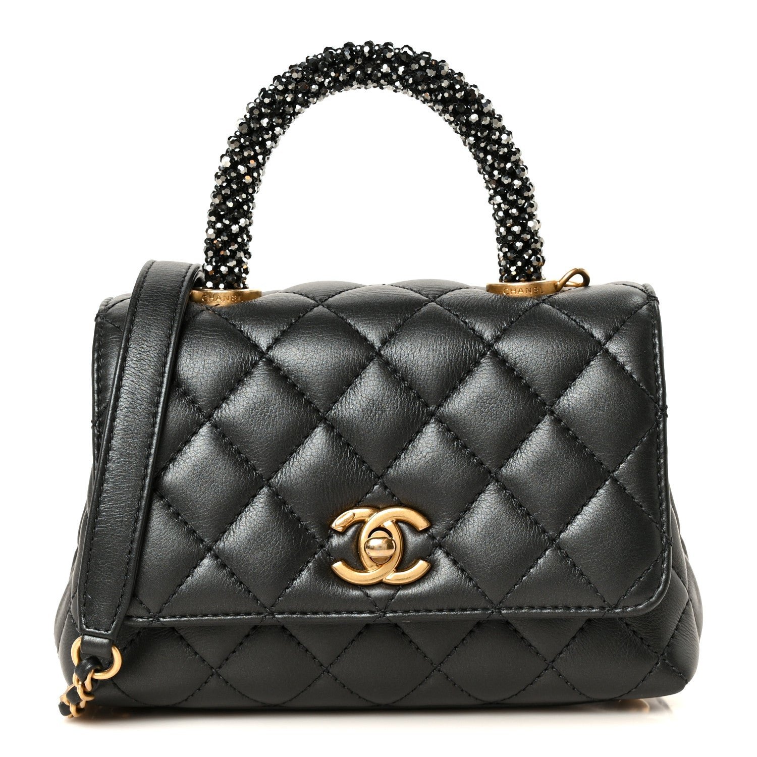 Chanel Calfskin Strass Quilted Extra Mini Coco Handle Flap Dark Grey