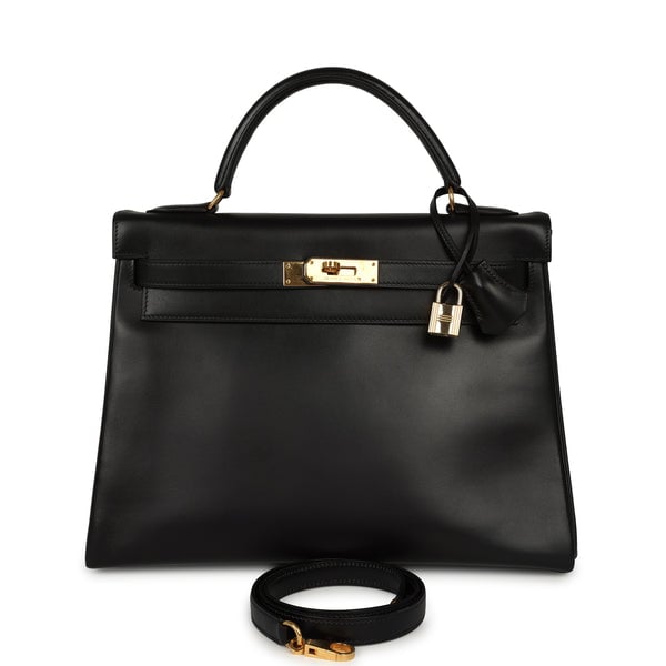Vintage Hermes Kelly Retourne 32 Black Box Gold Hardware
