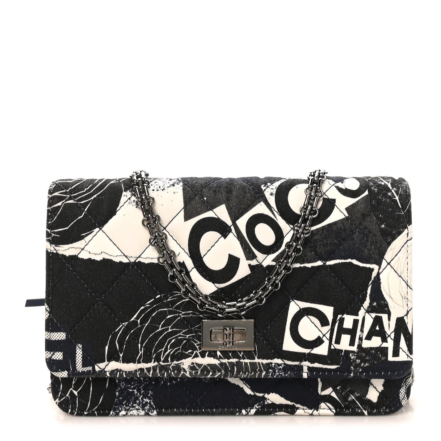Chanel Canvas Printed Quilted 2.55 Reissue Wallet On Chain WOC White Black Navy Blue