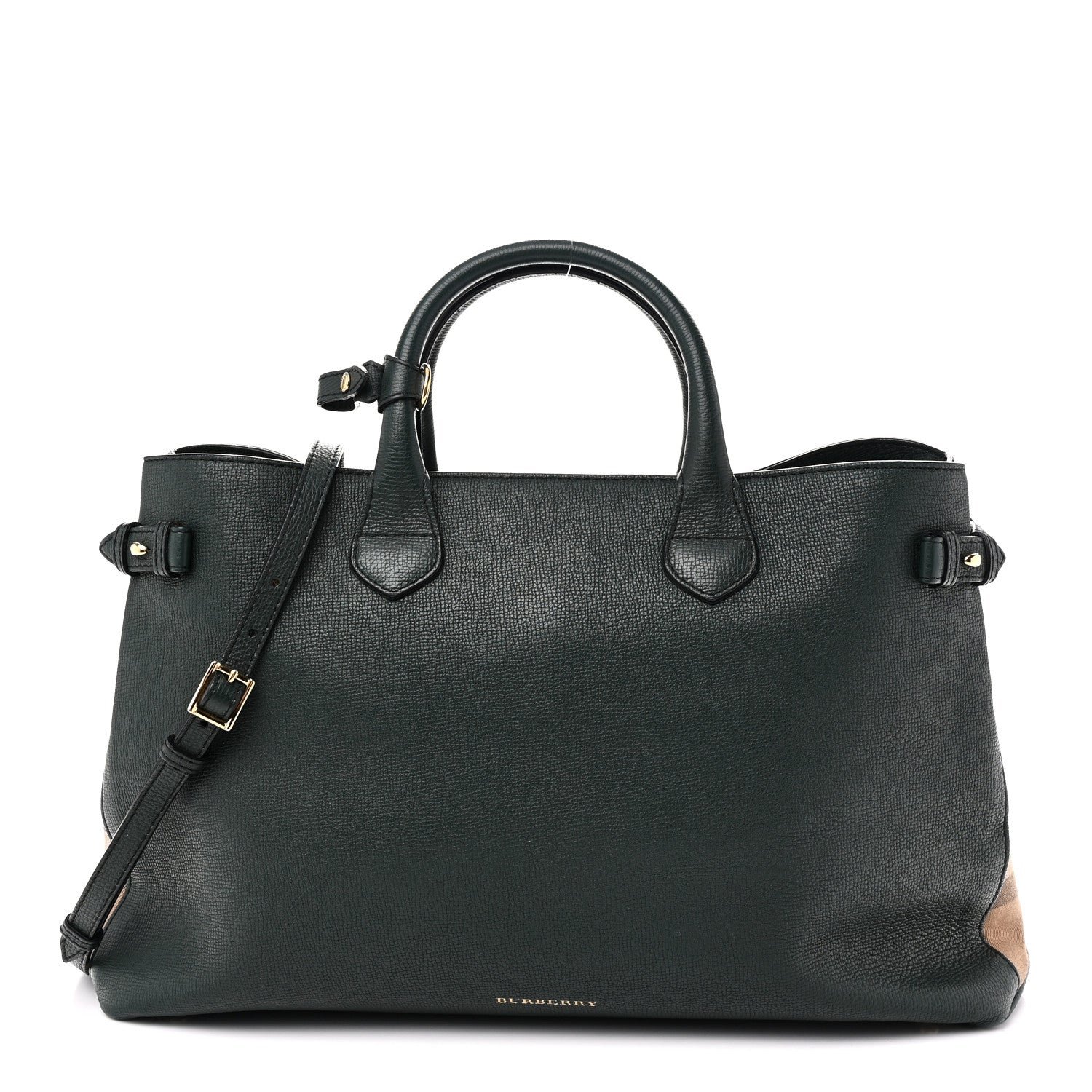 Burberry Derby Calfskin House Check Large Banner Tote Dark Bottle Green