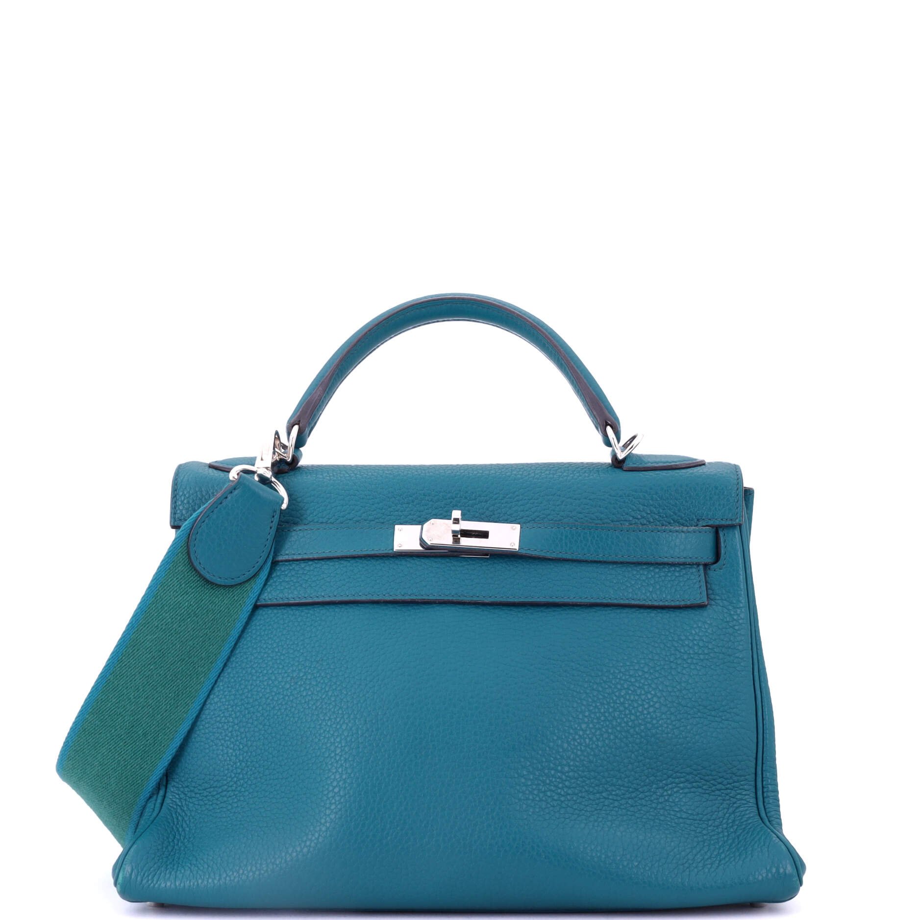 Hermes Kelly Amazone Handbag Blue Clemence with Palladium Hardware 32