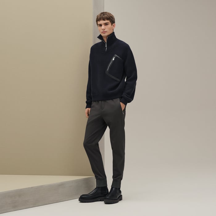 Marine Full-zip Sweater With Leather Detail
