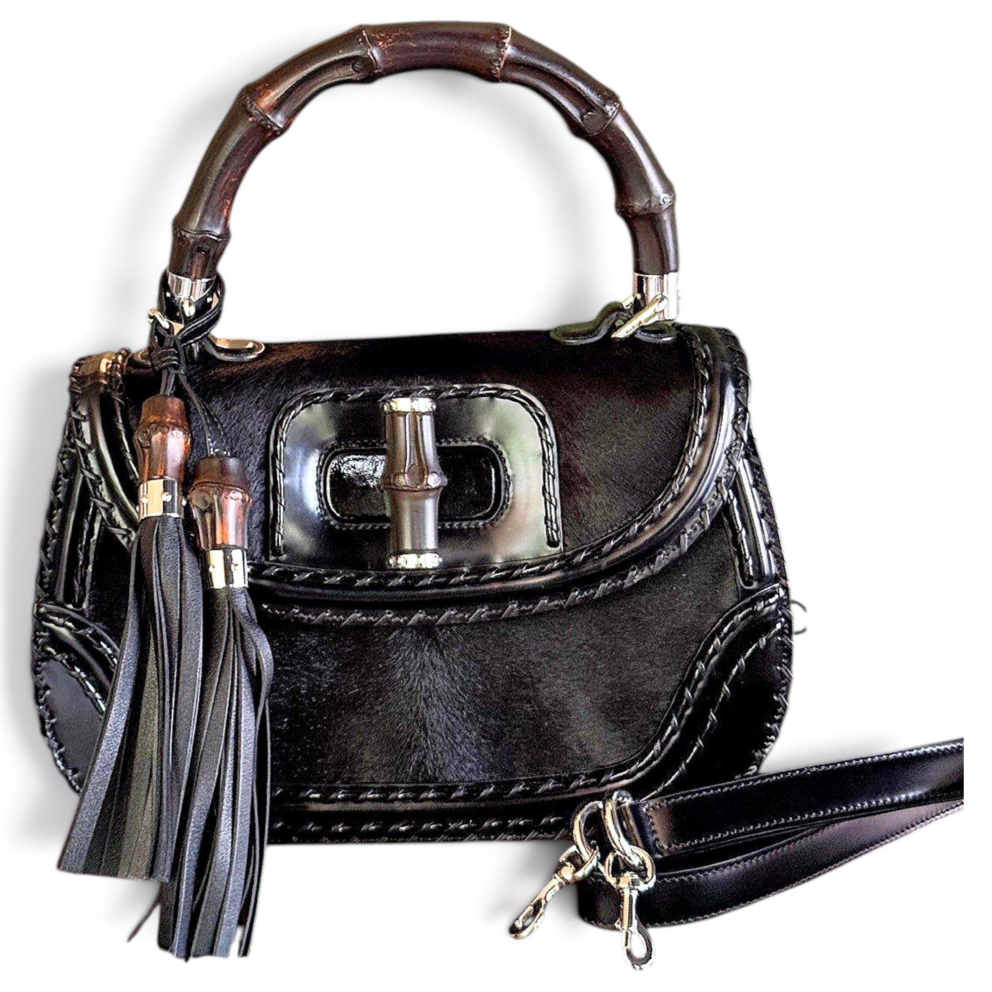Convertible Pompon Bamboo Top Handle leather handbag