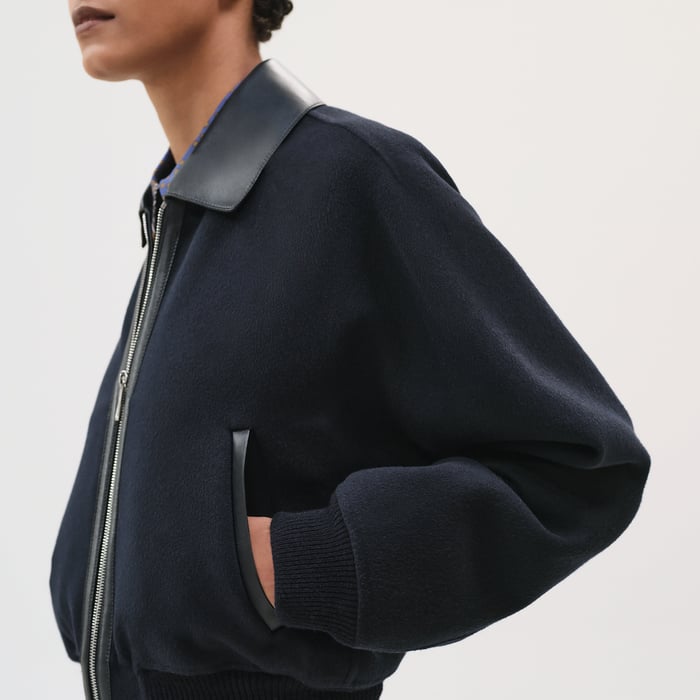 Bleu Noir Cashmere Bomber Jacket With Leather Detail