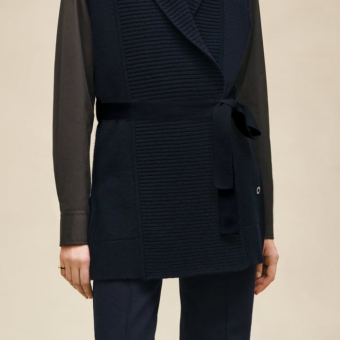 Bleu Noir Belted Cashmere Sleeveless Cardigan