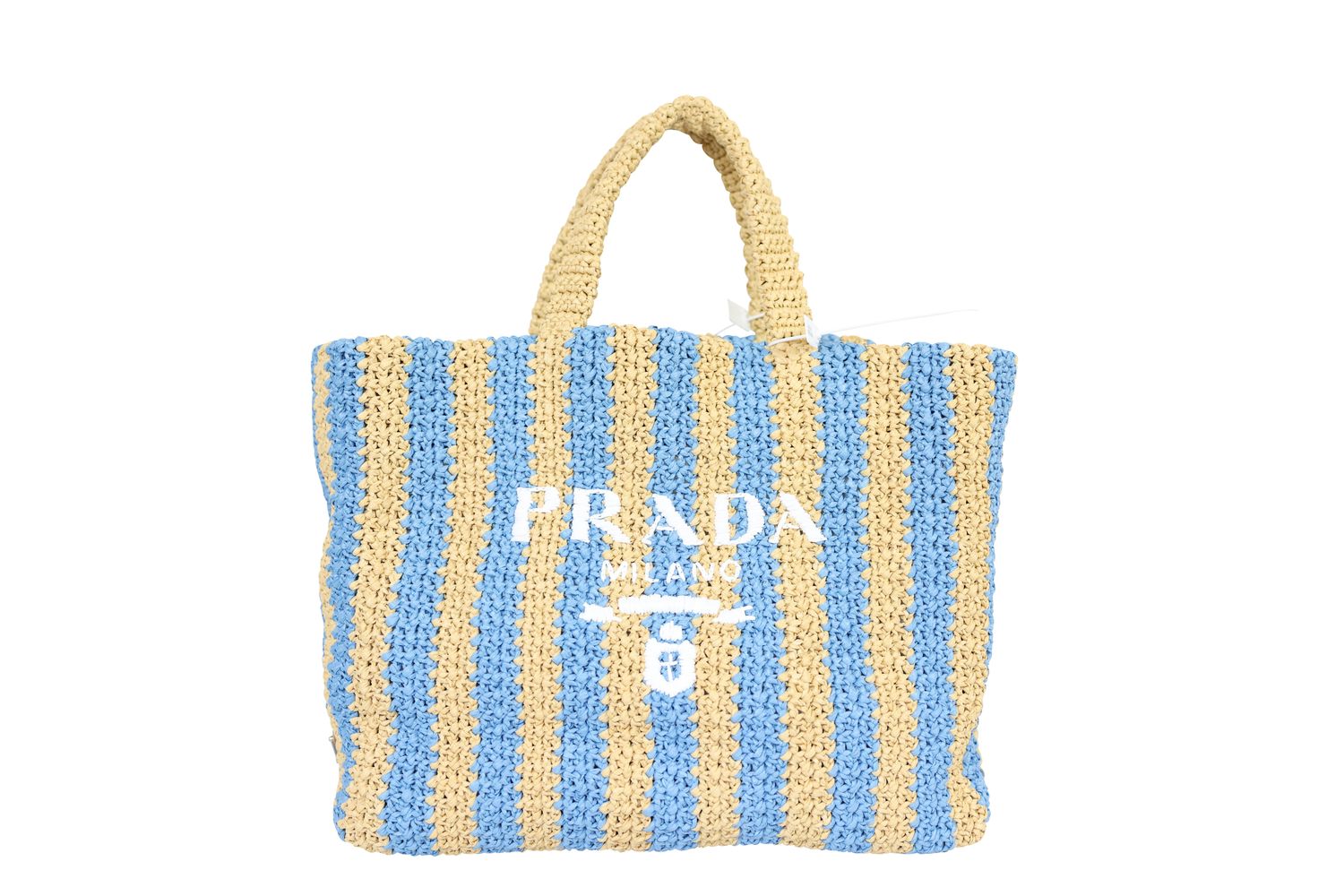 Prada Striped  Shopping Tote Bag, Blue and Natural Raffia Yarn, New in Box WA001