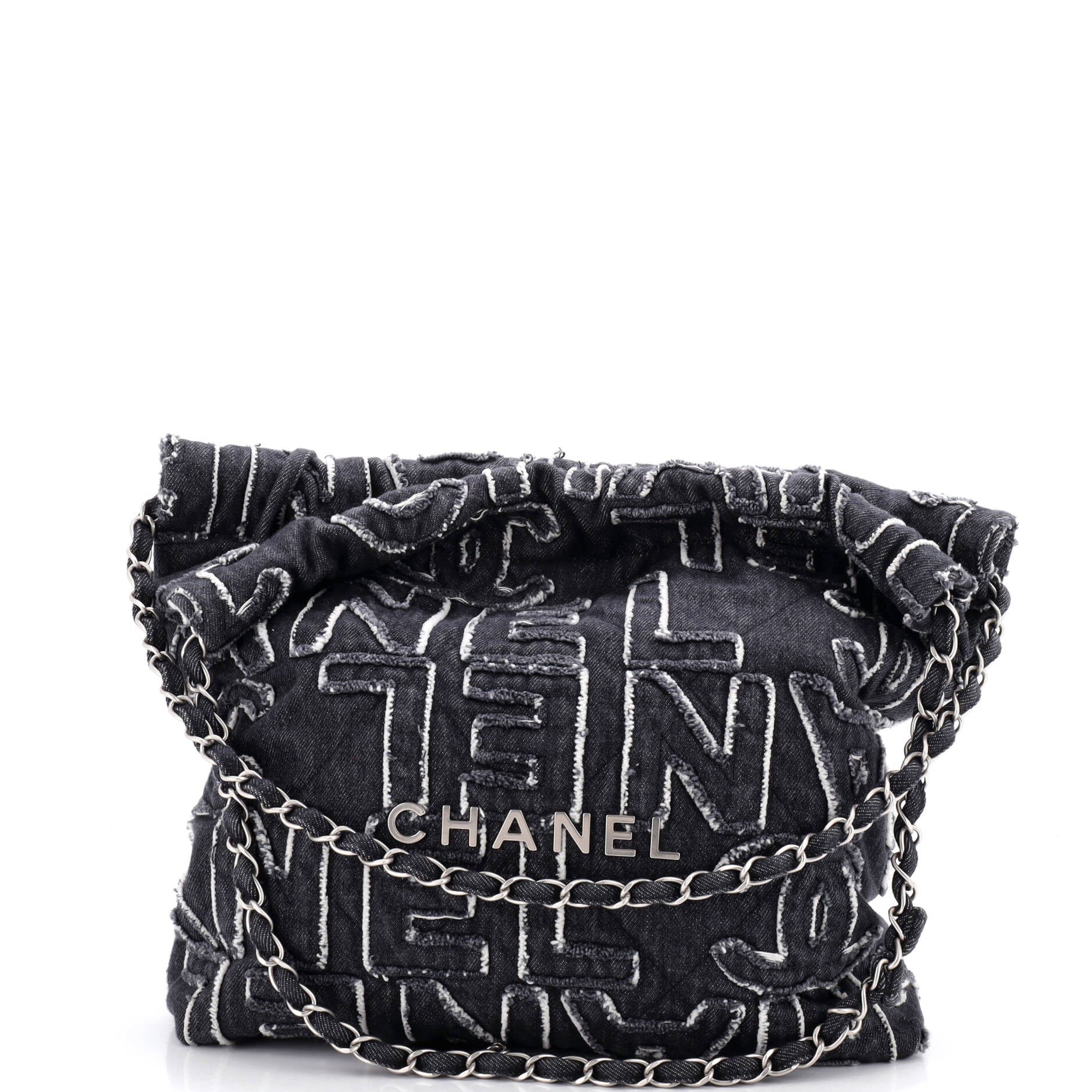 22 Chain Hobo Fringed Logo Quilted Denim Small