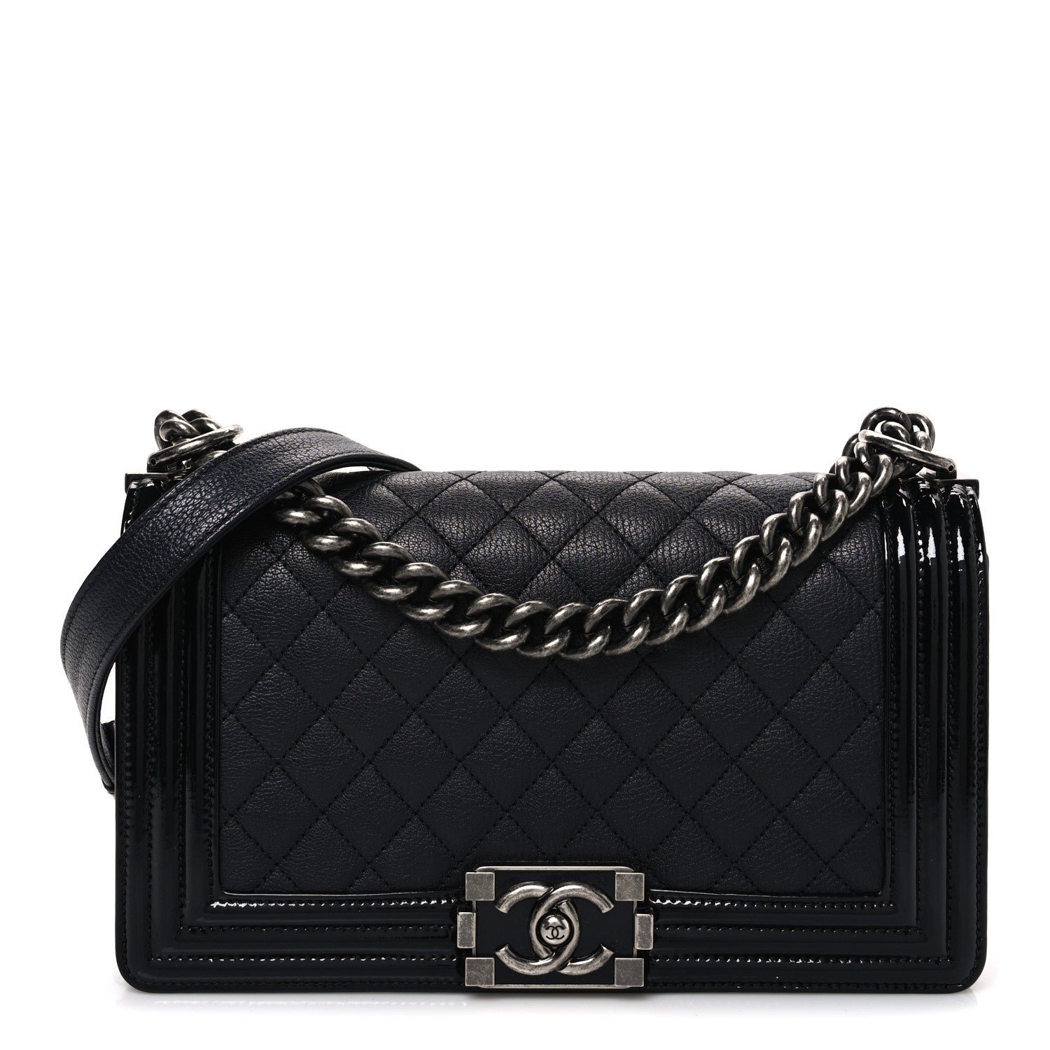 Chanel Goatskin Quilted Patent Medium Duo Boy Flap Black