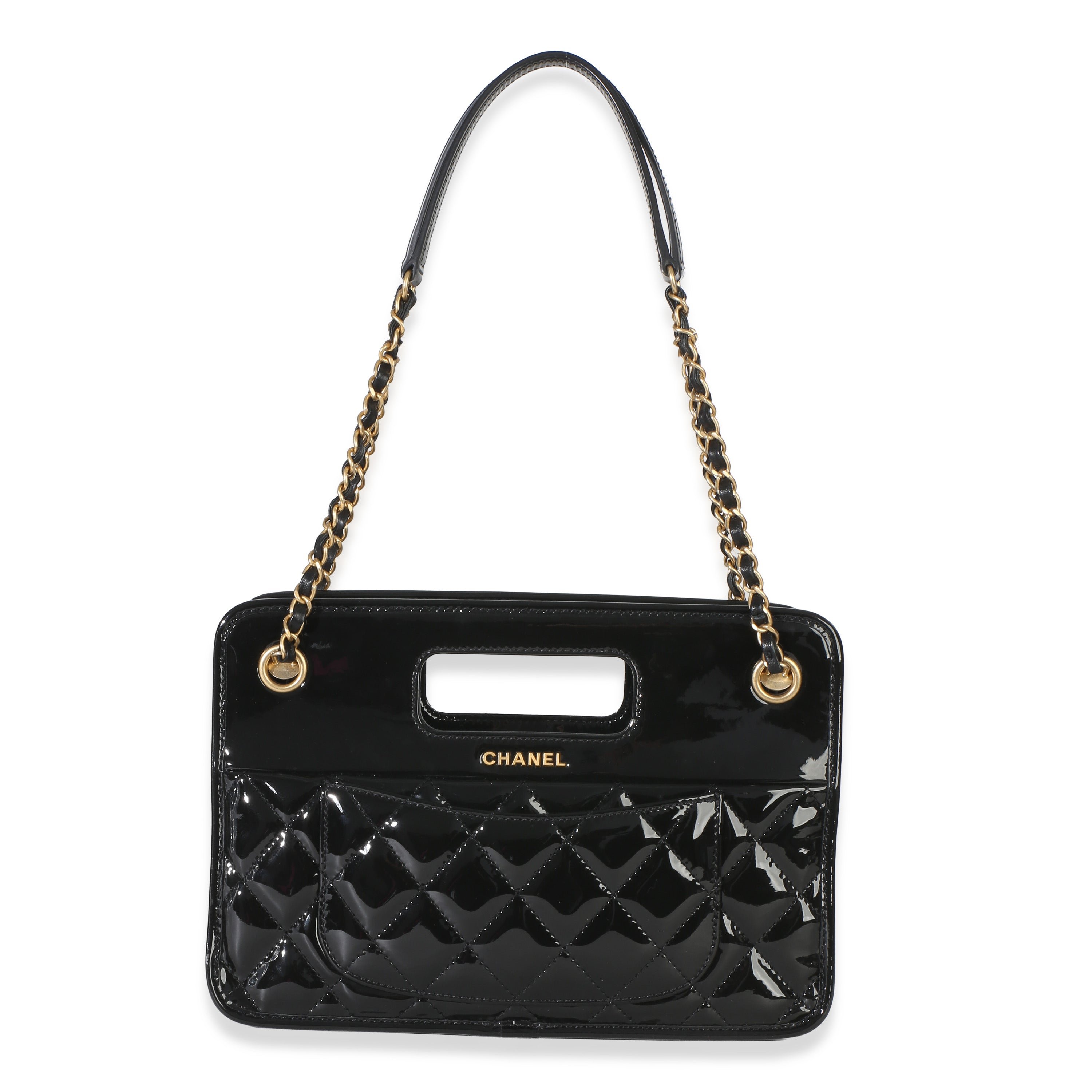 Black Quilted Patent Graphic Catch Small Shopping Bag