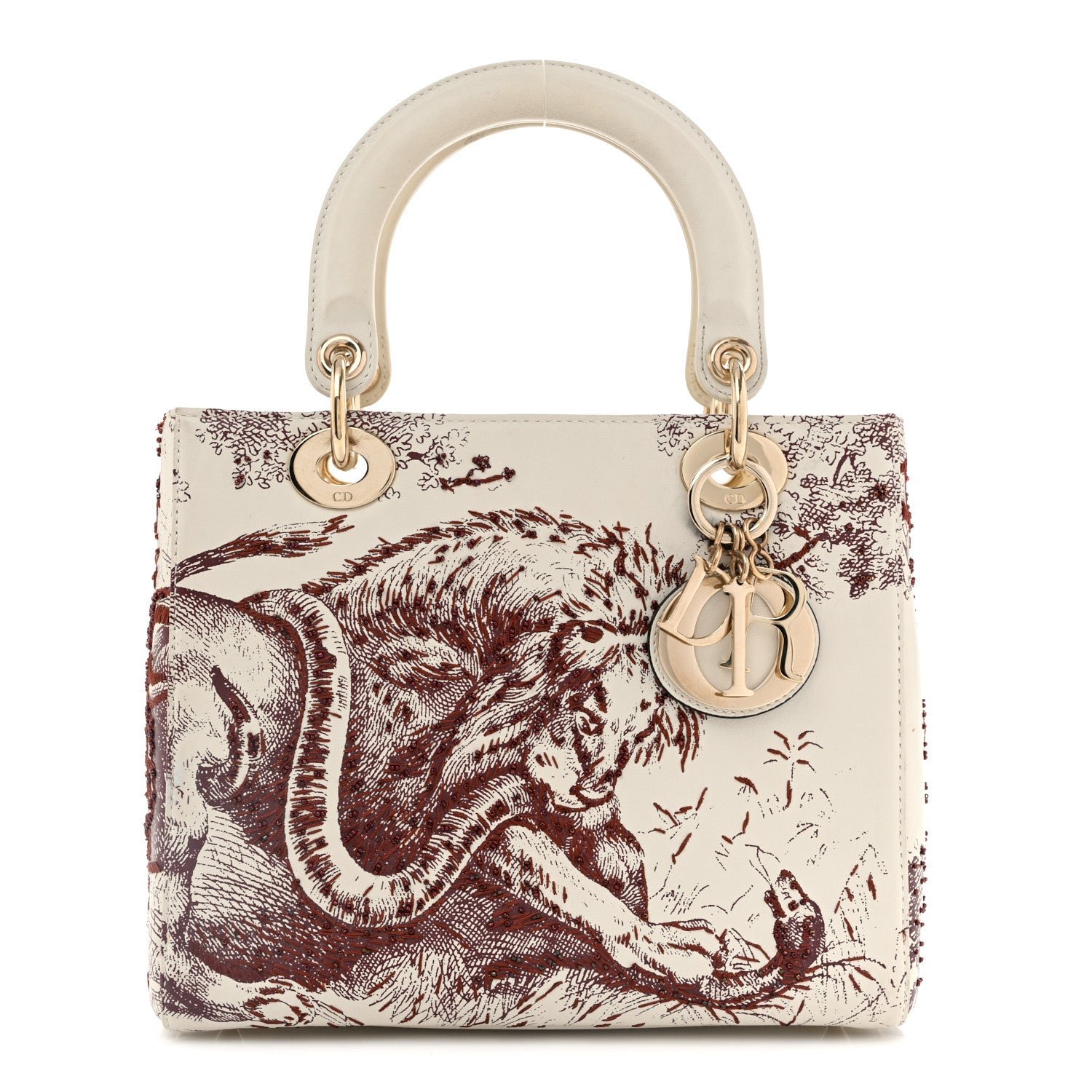 Christian Dior Calfskin Embroidered Medium Toile De Jouy Lady Dior White Red