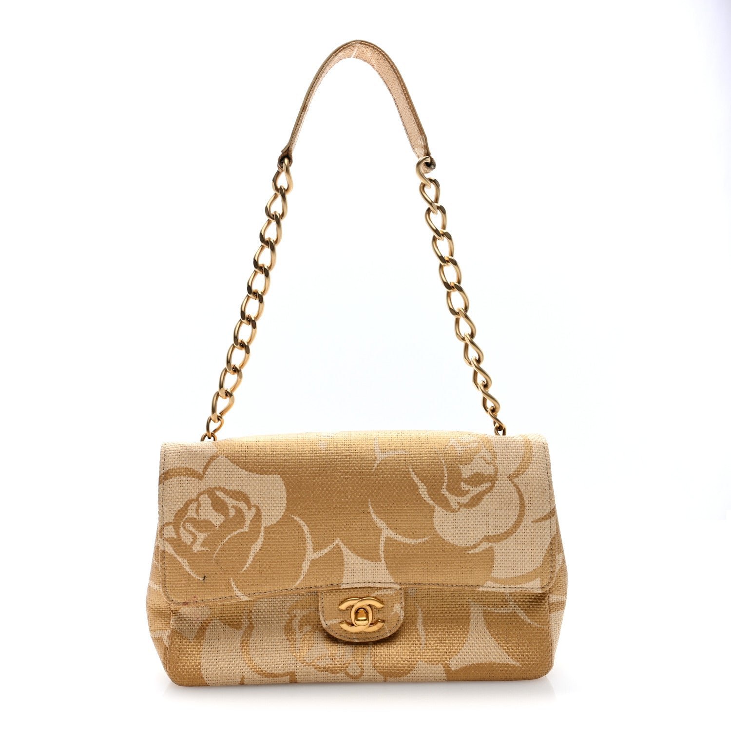 Chanel Woven Straw Camellia Print Medium Single Flap Gold
