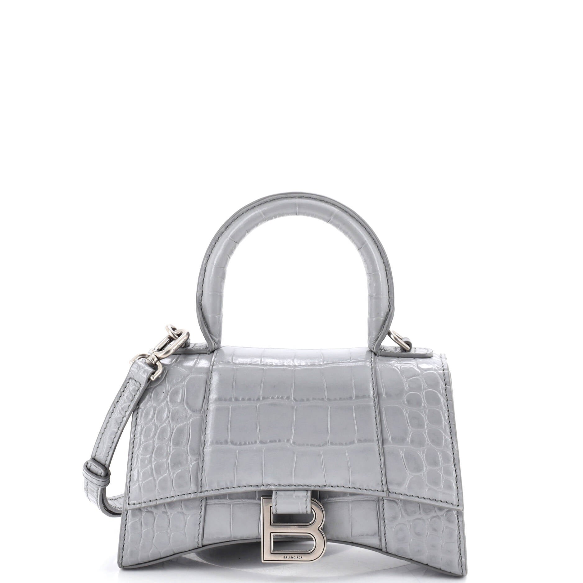 Hourglass Top Handle Bag Crocodile Embossed Leather XS