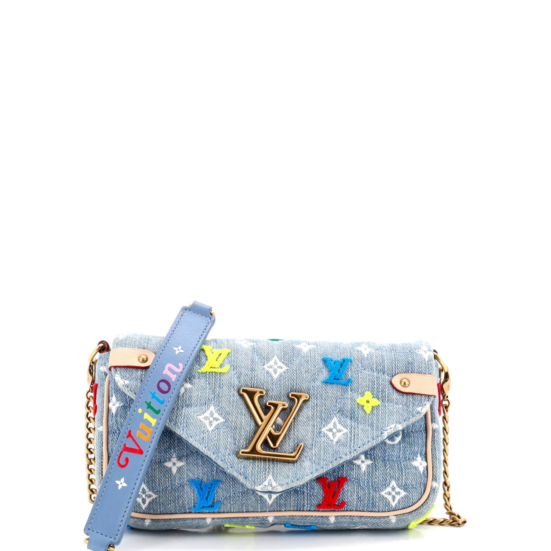 New Wave Chain Pochette Monogram Embroidered Quilted Denim