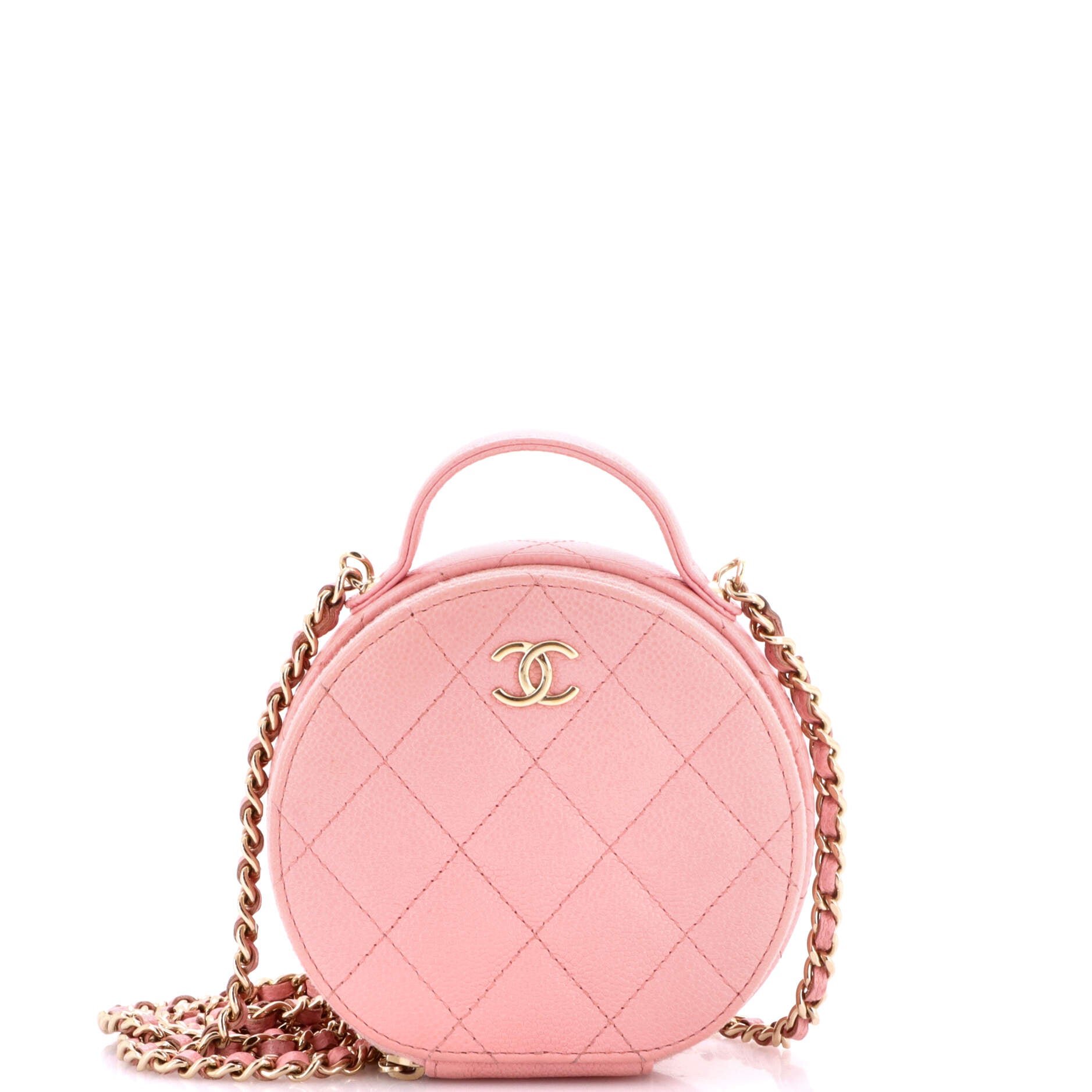 Handle with Care Round Vanity Case with Chain Quilted Caviar Small
