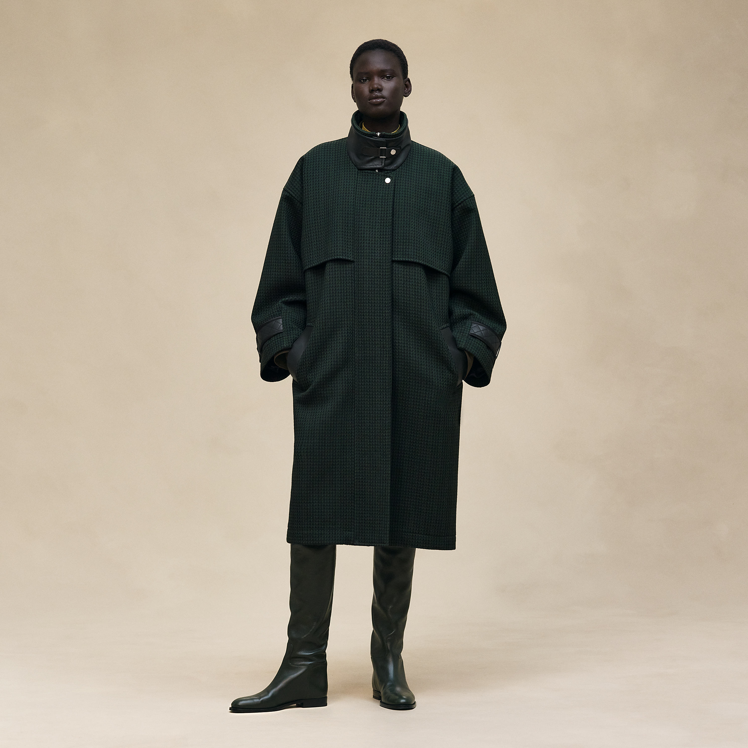 Long mixed leather coat