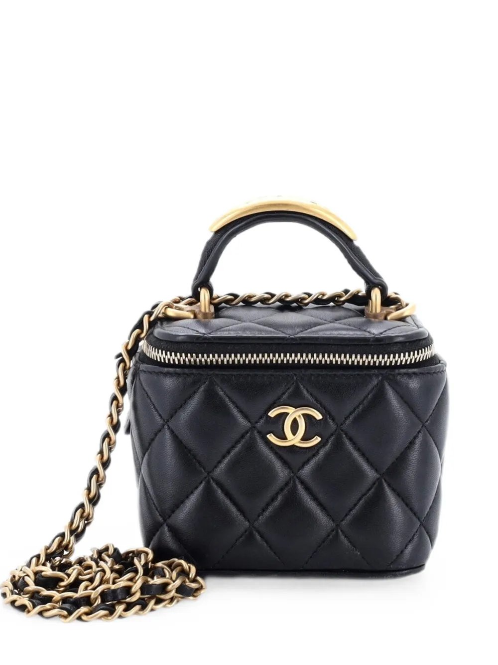 CC Top Handle Vanity Case with Chain Quilted Lambskin with Metal Mini satchel
