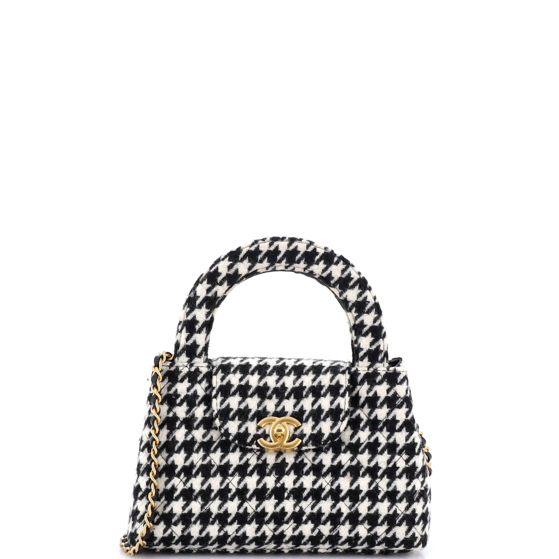 Kelly Top Handle Shopping Bag Quilted Houndstooth Tweed Mini