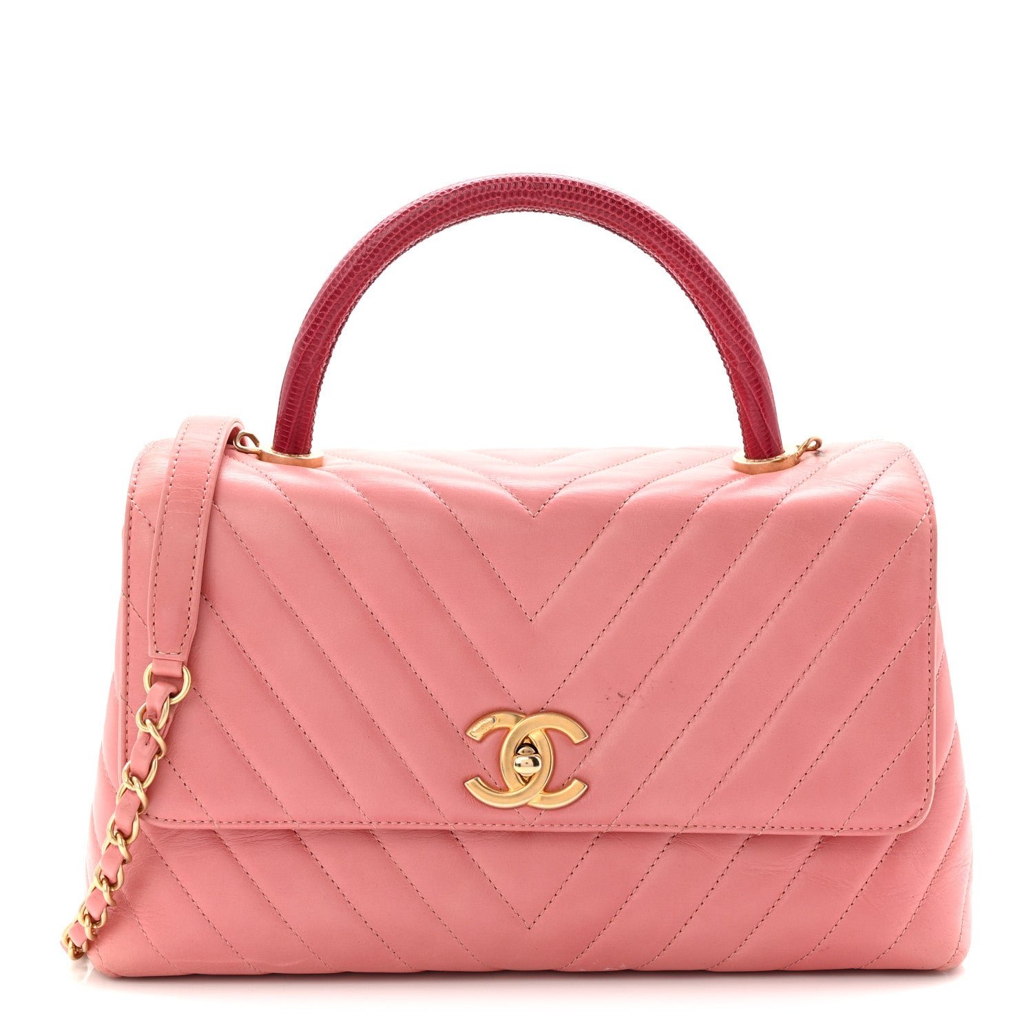 Chanel Calfskin Lizard Chevron Quilted Small Coco Handle Flap Pink