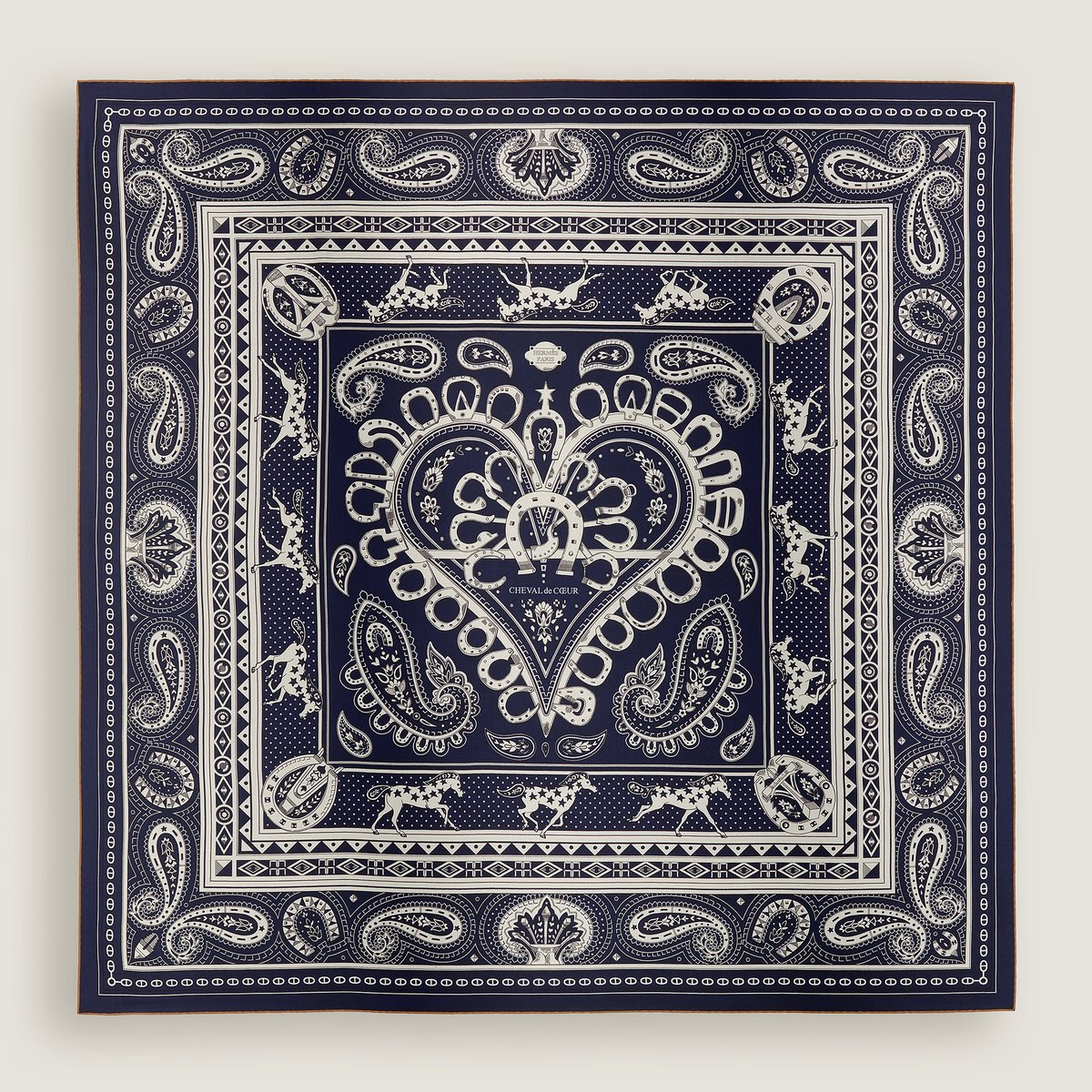 Hermès Cheval de Coeur Bandana shawl 140 Bleu Marine/Blanc