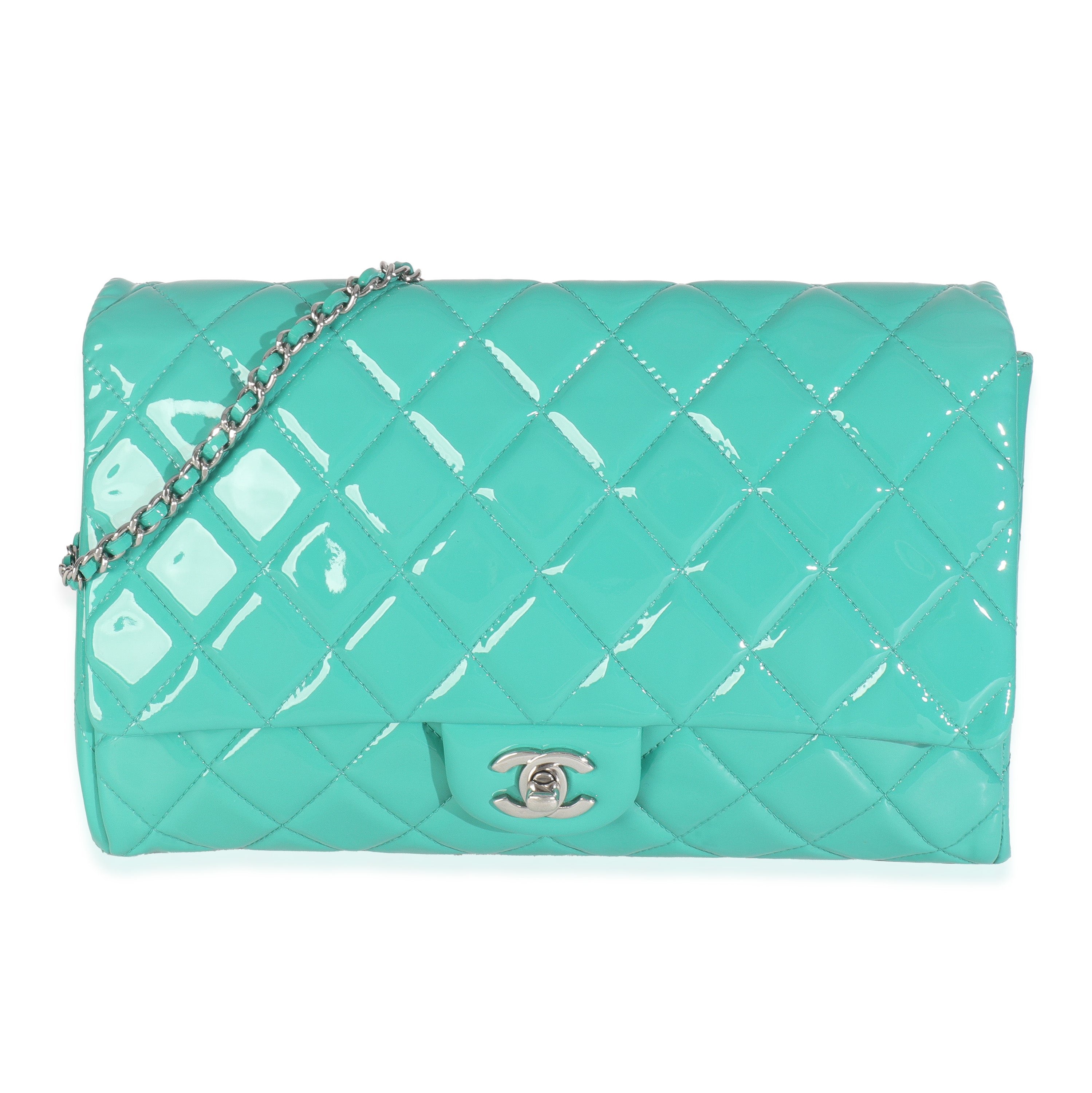Chanel Turquoise Quilted Patent Classic Flap Clutch With Chain