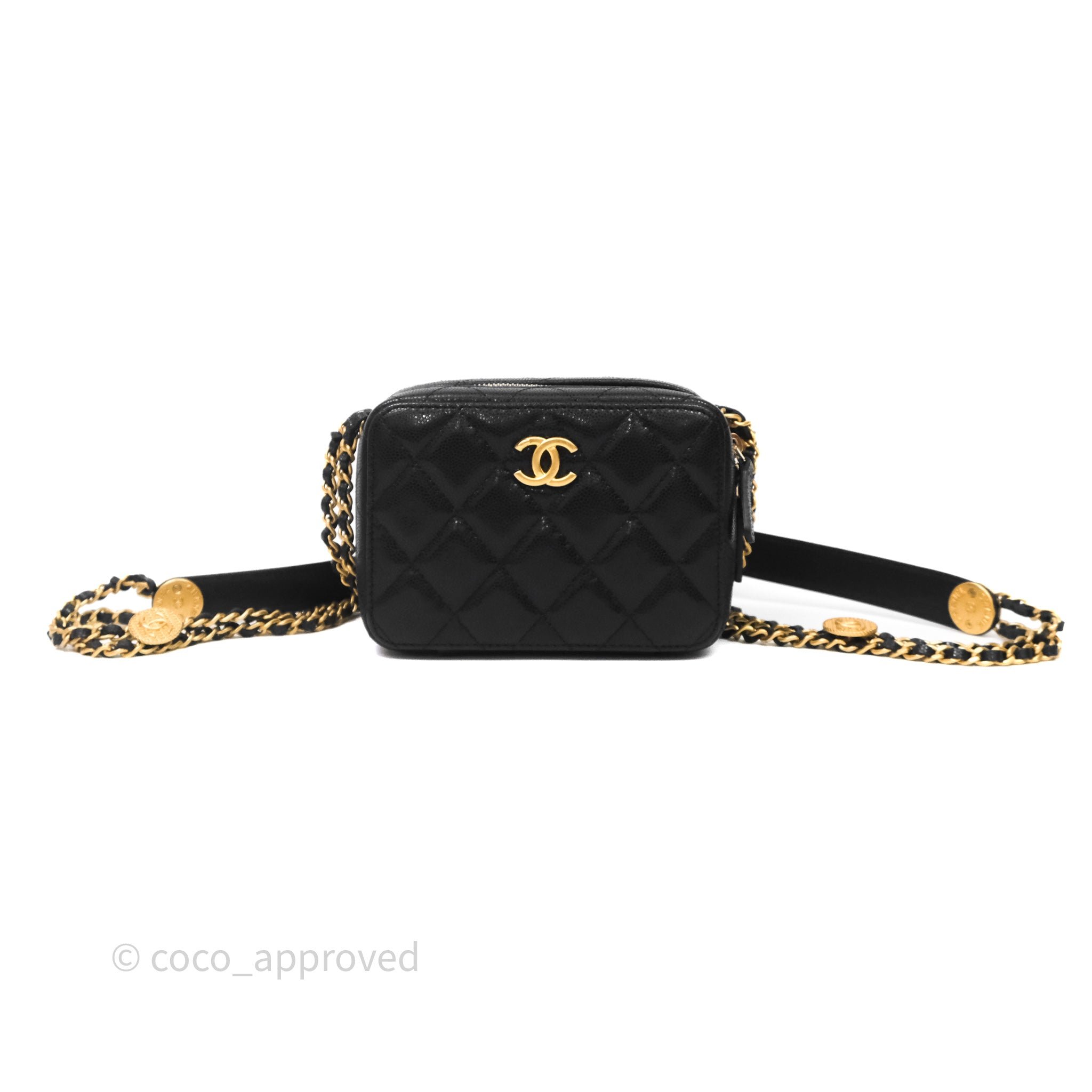 Chanel Quilted CC Coins Purse Chain Camera Case Black Caviar Aged Gold Hardware