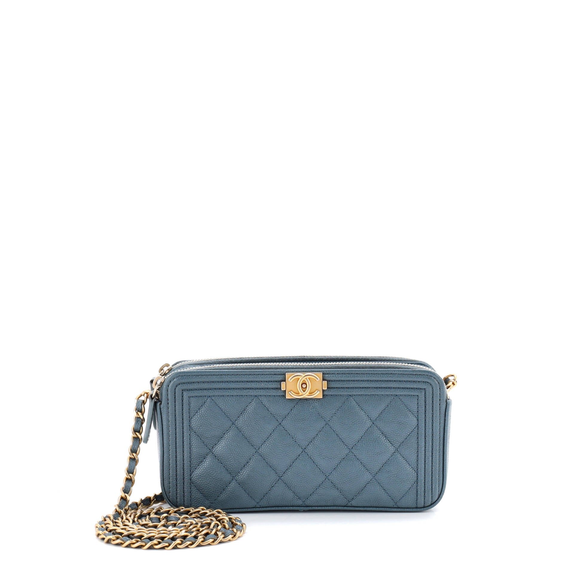 Chanel Boy Double Zip Clutch with Chain Quilted Caviar