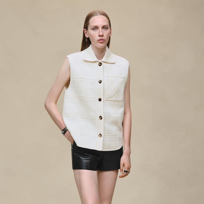 Blanc Naturel Embroidered Short Vest With Leather Detail
