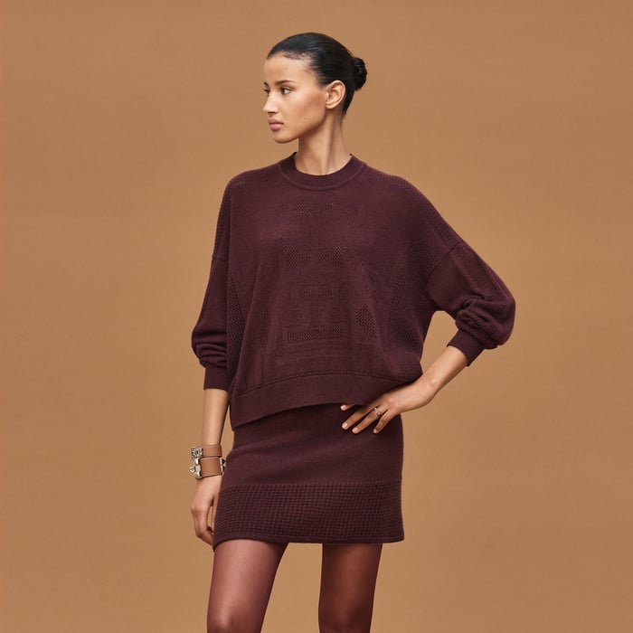 Rouge Bordeaux Cashmere "l'Enseigne Du Sellier" Long-sleeve Sweater
