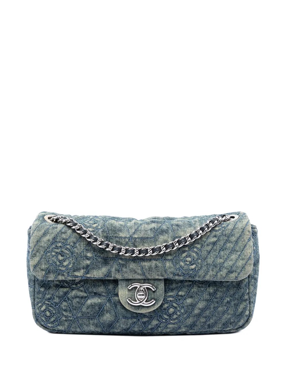 2012 Medium Embroidered Denim Camellia Flap shoulder bag