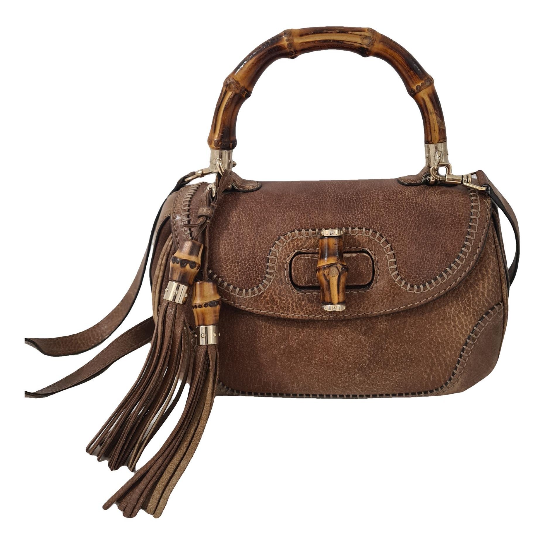 Convertible Pompon Bamboo Top Handle leather handbag