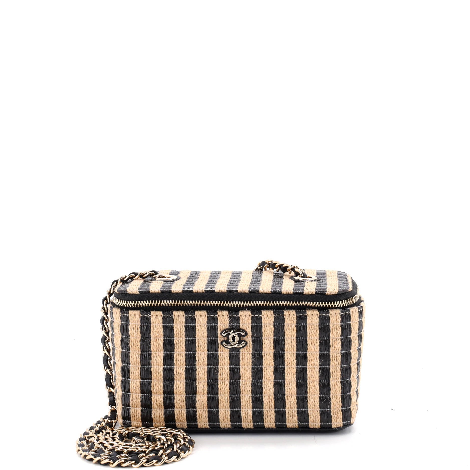 Classic Vanity Case with Chain Striped Raffia and Jute Small