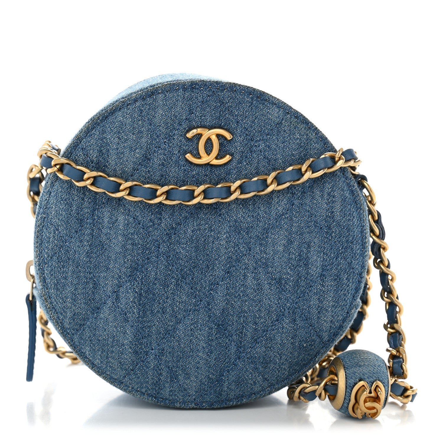 Chanel Denim Quilted Round Pearl Crush Clutch With Chain Blue
